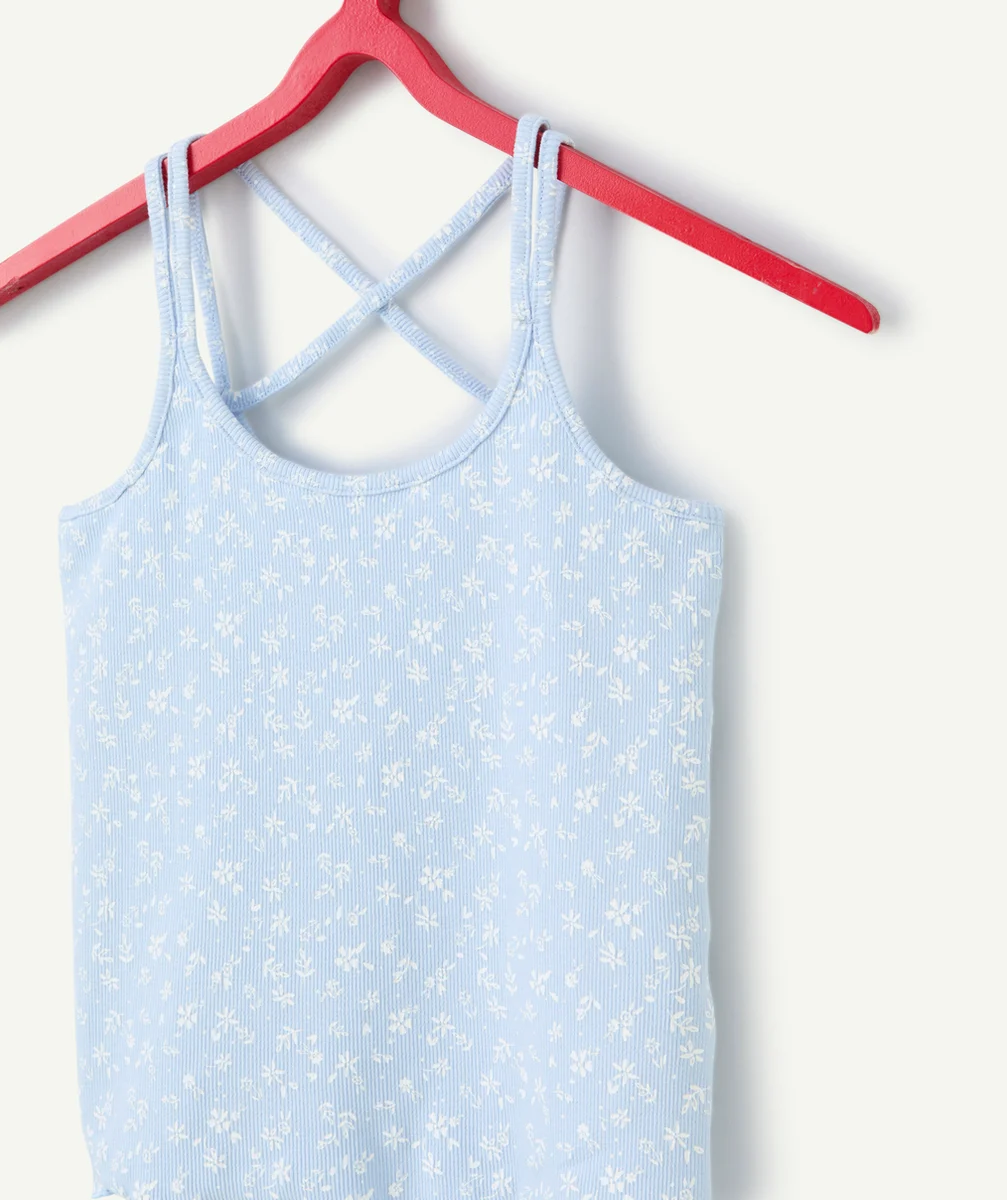 débardeur court fille en coton bio côtelé bleu imprimé fleuri