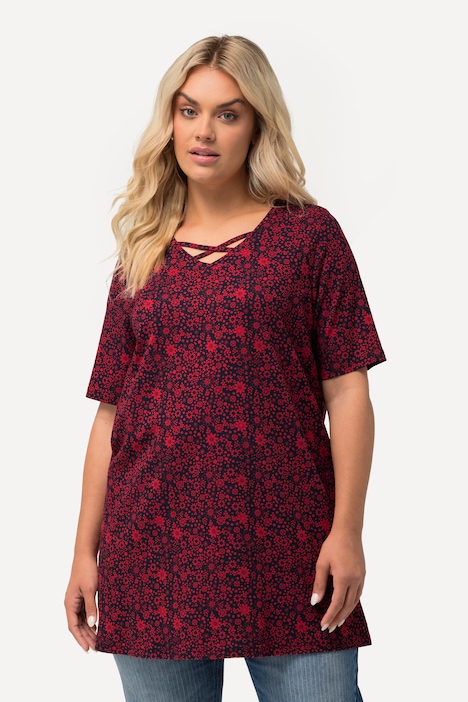 T-Shirt, Blüten, A-Linie, V-Ausschnitt, Halbarm