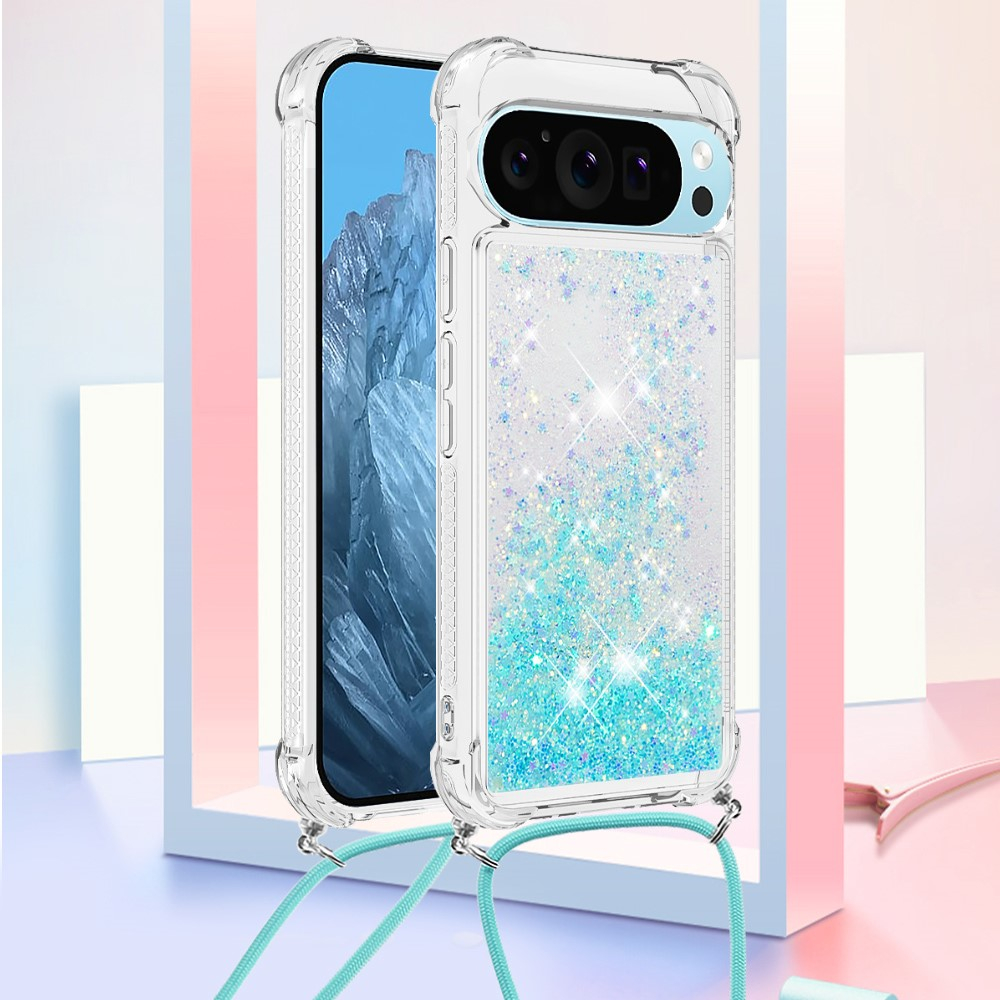 Google Pixel 9 / Pixel 9 Pro Necklace Gummi Hülle Liquid Glitzer   Handykette (130cm) - Hellblau