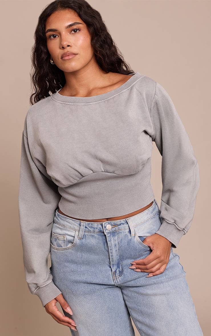 Gris Chiné Sweatshirt Shape Épaules Dénudées Taille Cintrée Effet Délavé
