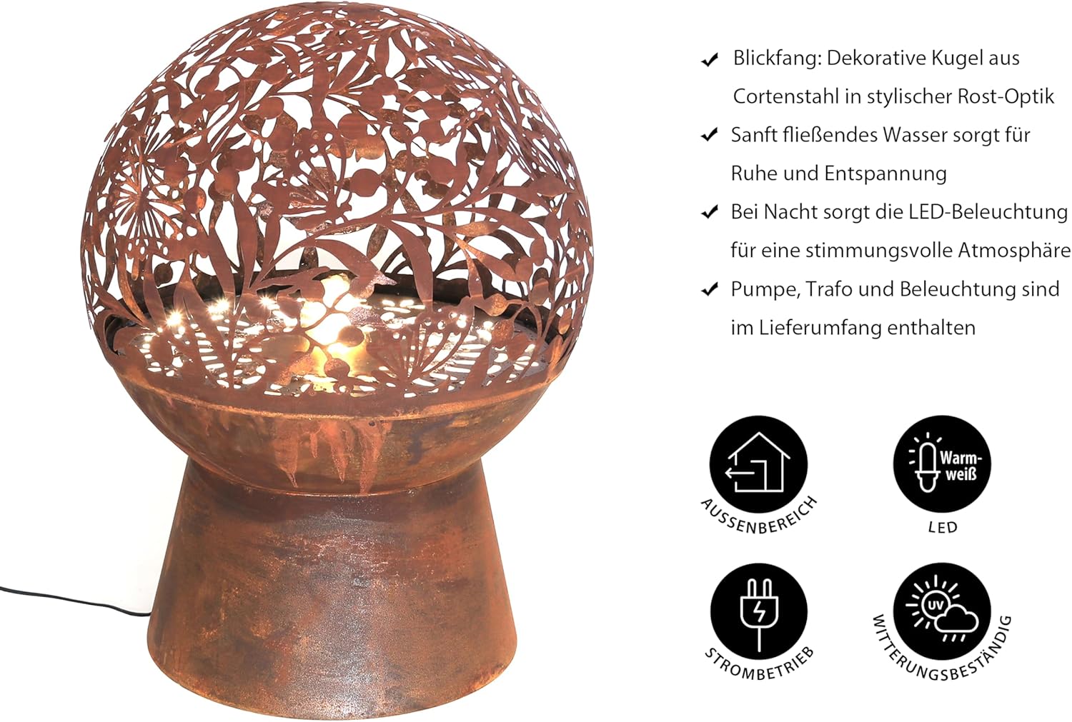 Dehner Gartenbrunnen Fiore, frostbeständiger Brunnen für Außen, Komplett-Set mit warmweißer LED Beleuchtung/Pumpe/Trafo, Höhe 66 cm, Ø 50 cm, Cortenstahl, Kupfer-Farben