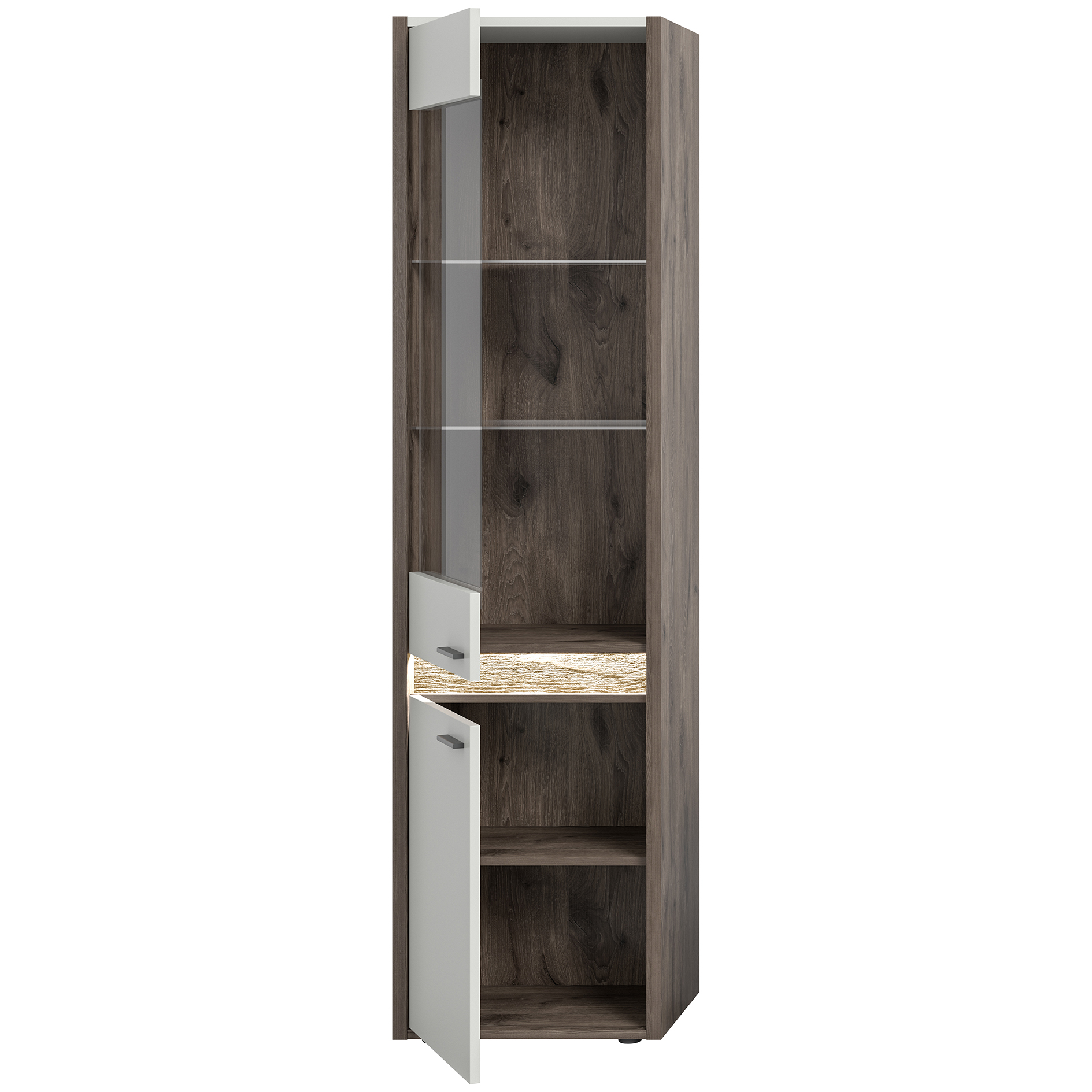 Vitrine FALCONA - hellgrau - Nox Oak - dimmbare Frontbeleuchtung
