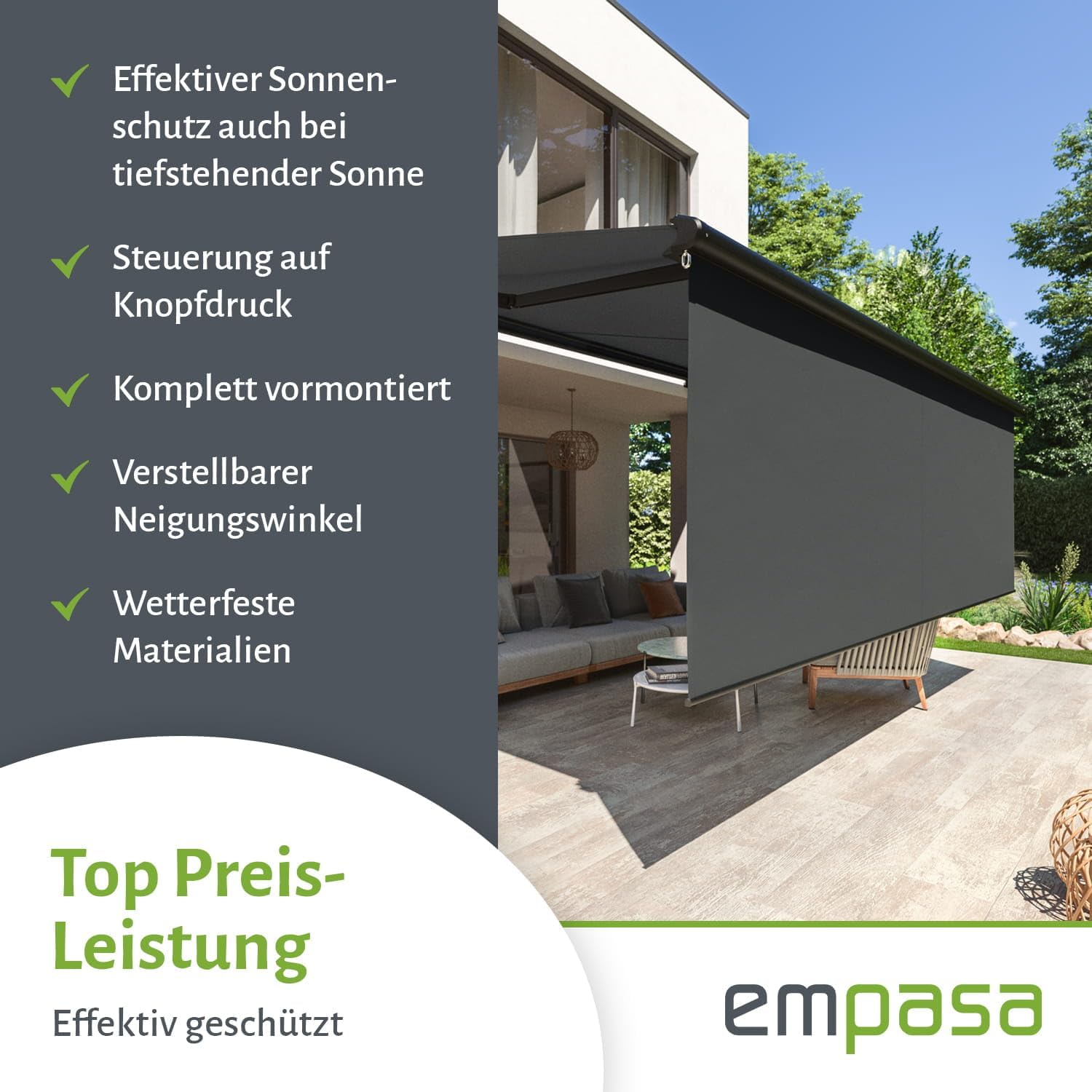empasa Elektrische Vollkassettenmarkise 'Premium' Kassettenmarkise Gelenkarmmarkise Markise Sonnenschutz mit manuell ausfahrbarem Volant, komplett vormontiert, viele Farben und Größen wählbar