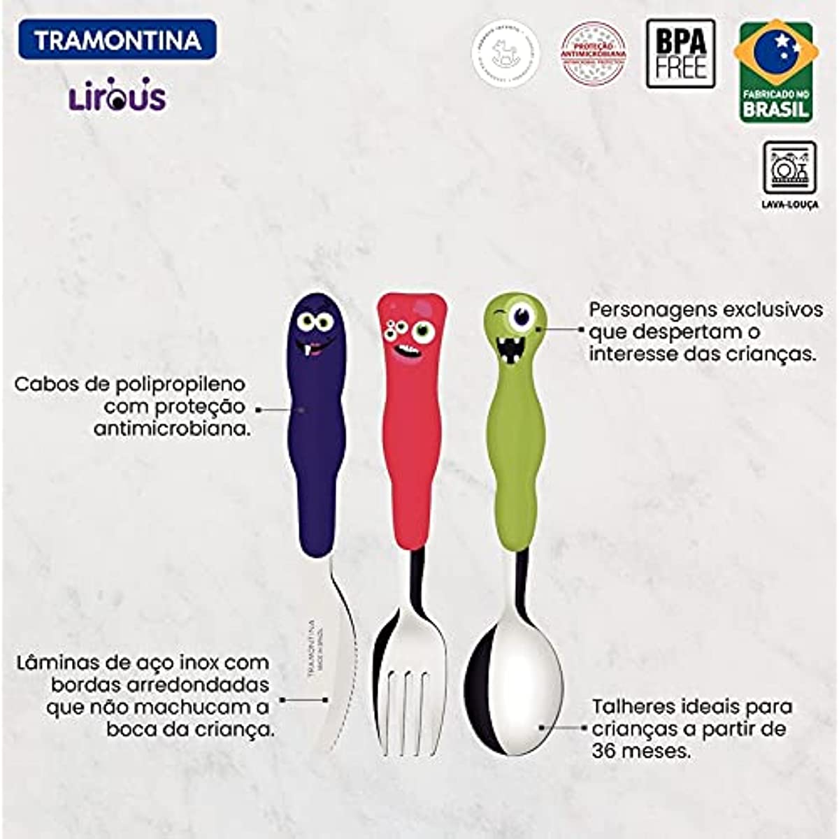 Jogo de Talheres Infantil Tramontina Lirous Colorido 03 Pe&ccedil;as