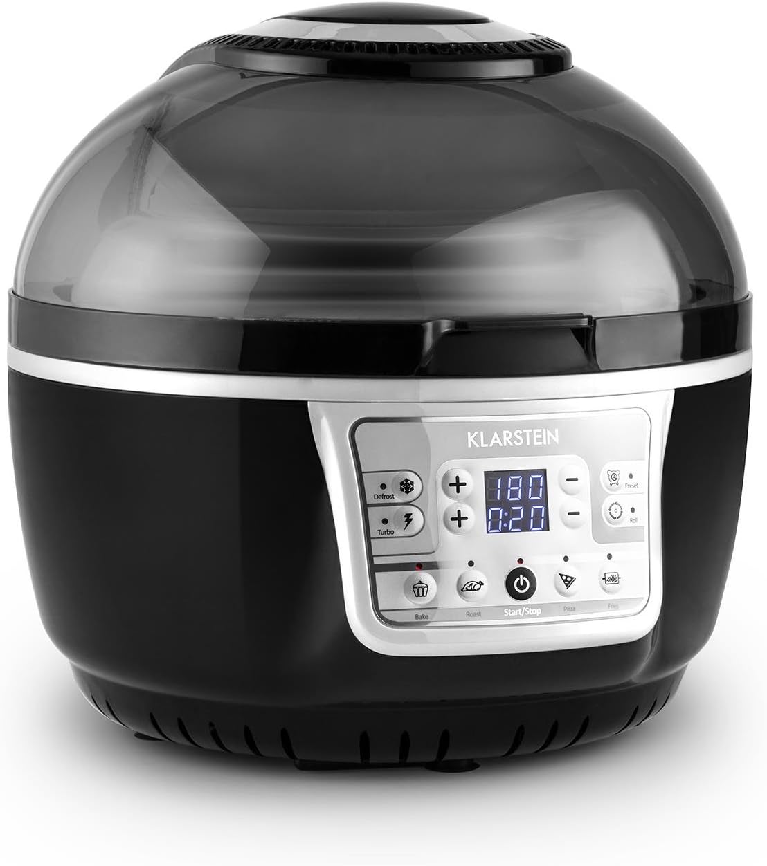 Klarstein VitAir Turbo Heißluftfritteuse - 1400 Watt Heissluftfriteuse, Airfryer mit 9 Liter Garraum, 50 bis 230°C, Timer, Halogen-Infrarot-Heizelement, Kuppel-Design, schwarz-grau