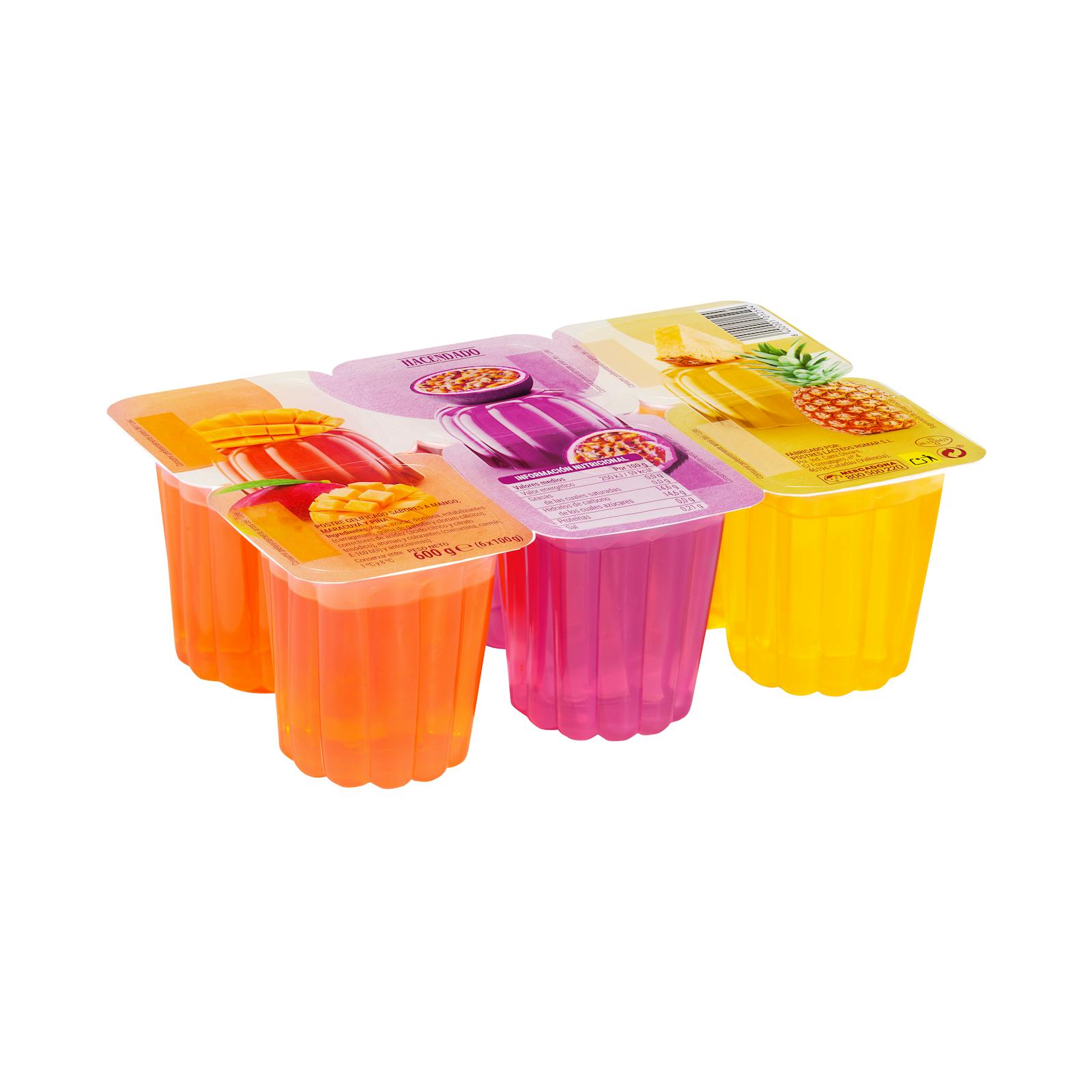 Gélatine aromatisée à la mangue Hacendado, au fruit de la passion et à l'ananas