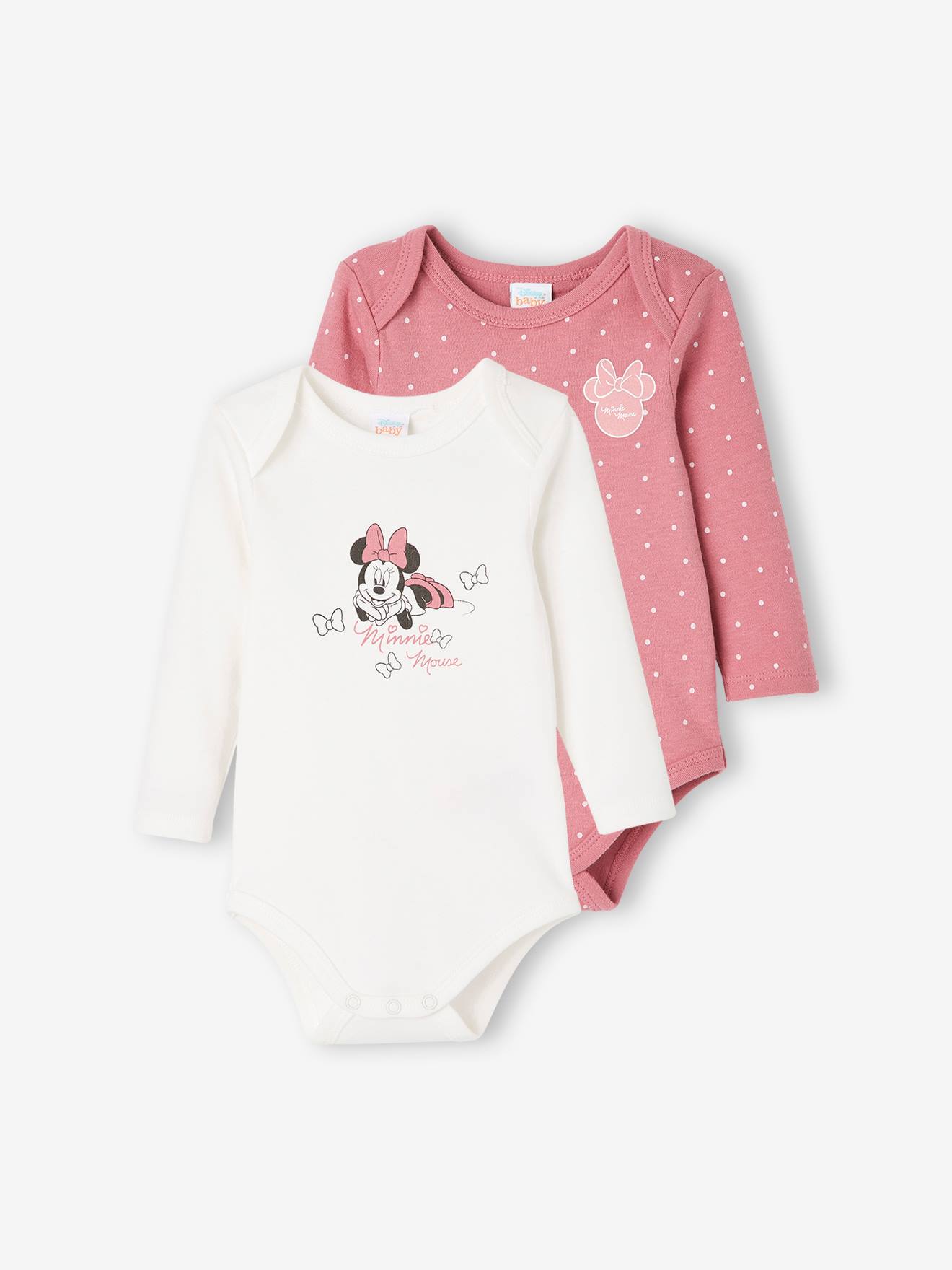 Pacote com 2 bodies DS® Minnie para bebê, violeta médio, lisos com estampas.