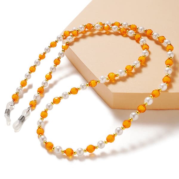 kjede, anheng til briller, oransje perler