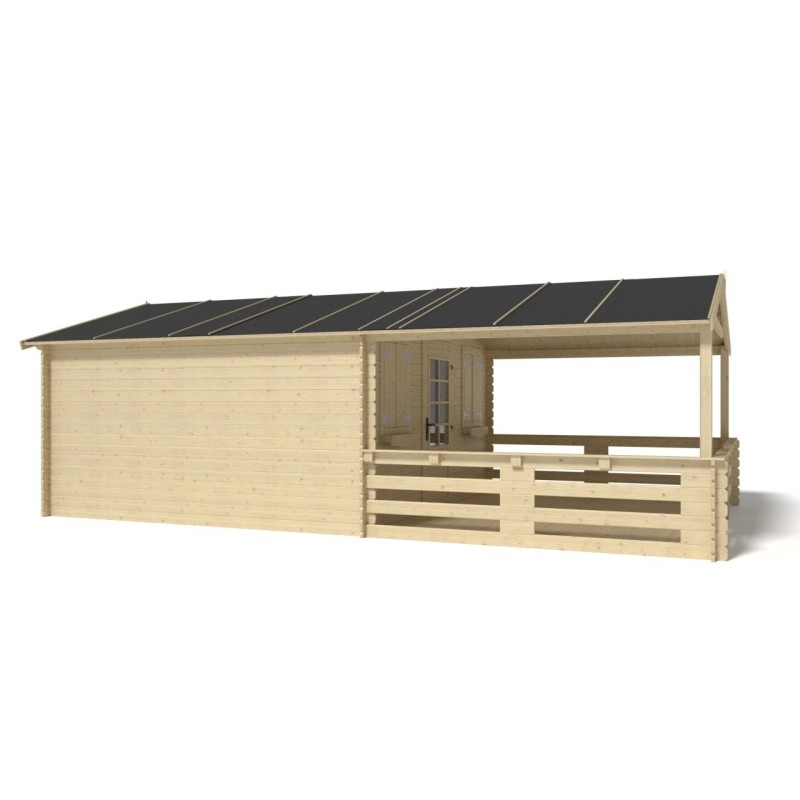 Abri de jardin en bois - 4x3 m - 24 m2 + terrasse avec balustrade et avant-toit en bois