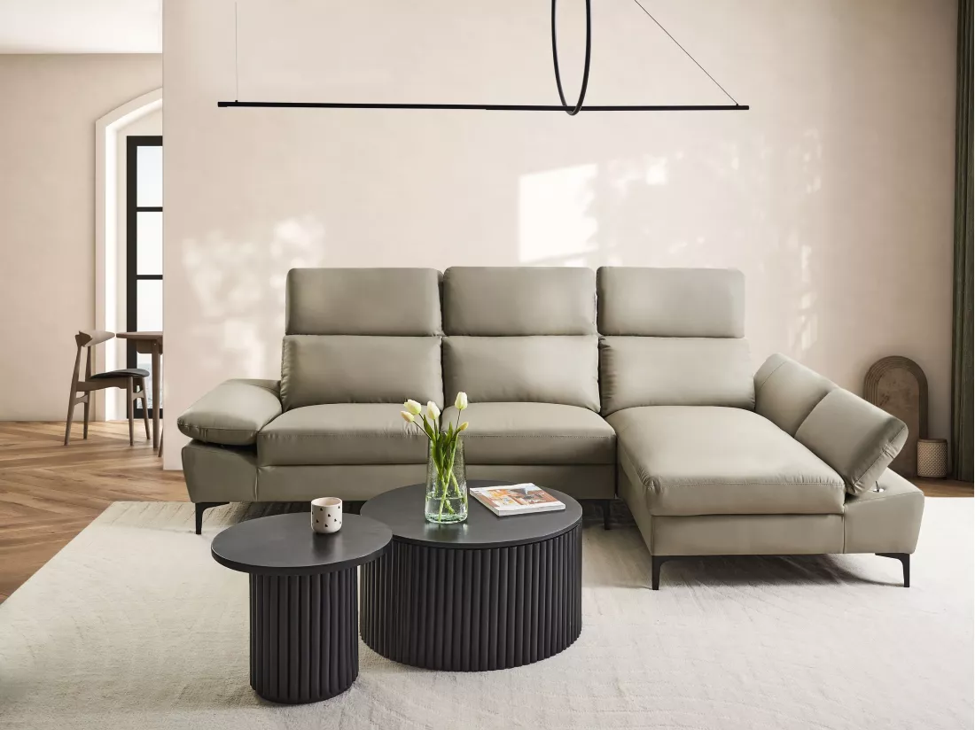 Canapé d'Angle à droite Moderne en Cuir Réglable au Niveau des Appuis-Tête et Accoudoirs 4 Places Gris Clair Taupe Farila