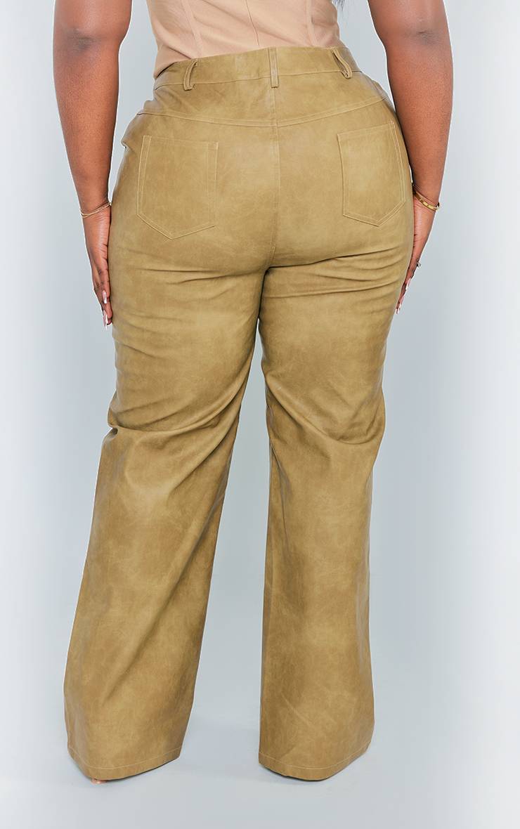 Vert Olive Pantalon Grande Taille Droit En Synthétiquecuir Effet Délavé