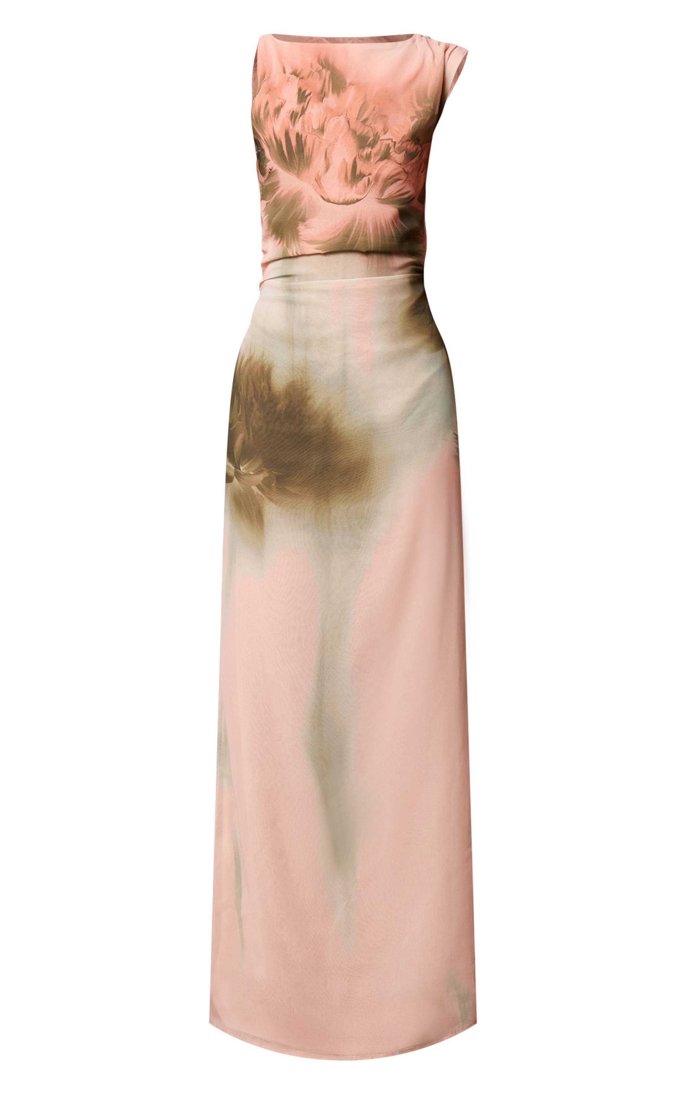 Rose Poudré Robe Maxi Sans Manches En Mousseline À Imprimé Floral Avec Fronces