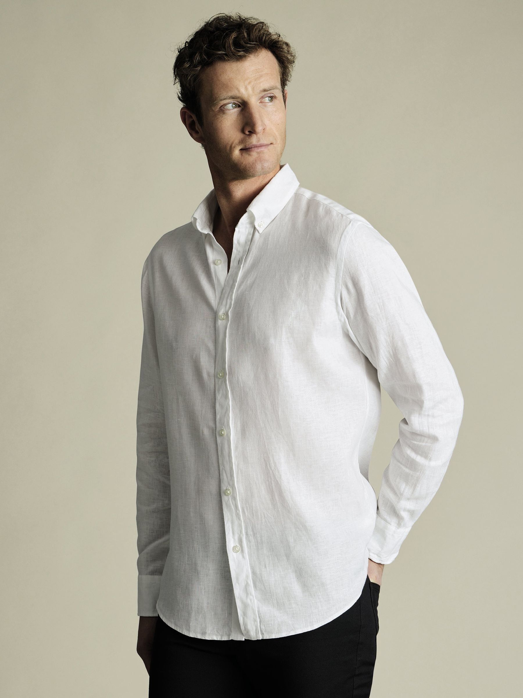 Wit - Charles Tyrwhitt Slim Fit Plain Button Down Pure 100% Linen Shirt