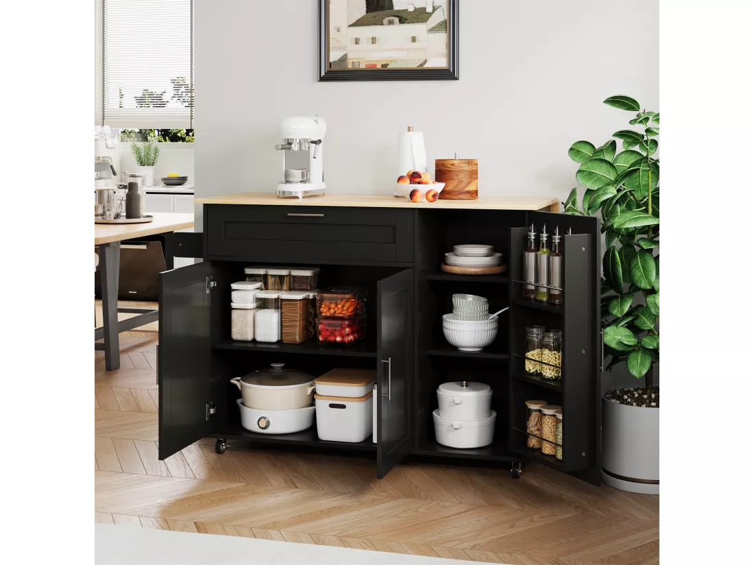 Ilot central de cuisine mobile avec 3 portes et 1 tiroir - Plateau extensible - 132.5x44(70)x90 cm - Bois MDF - Noir et naturel