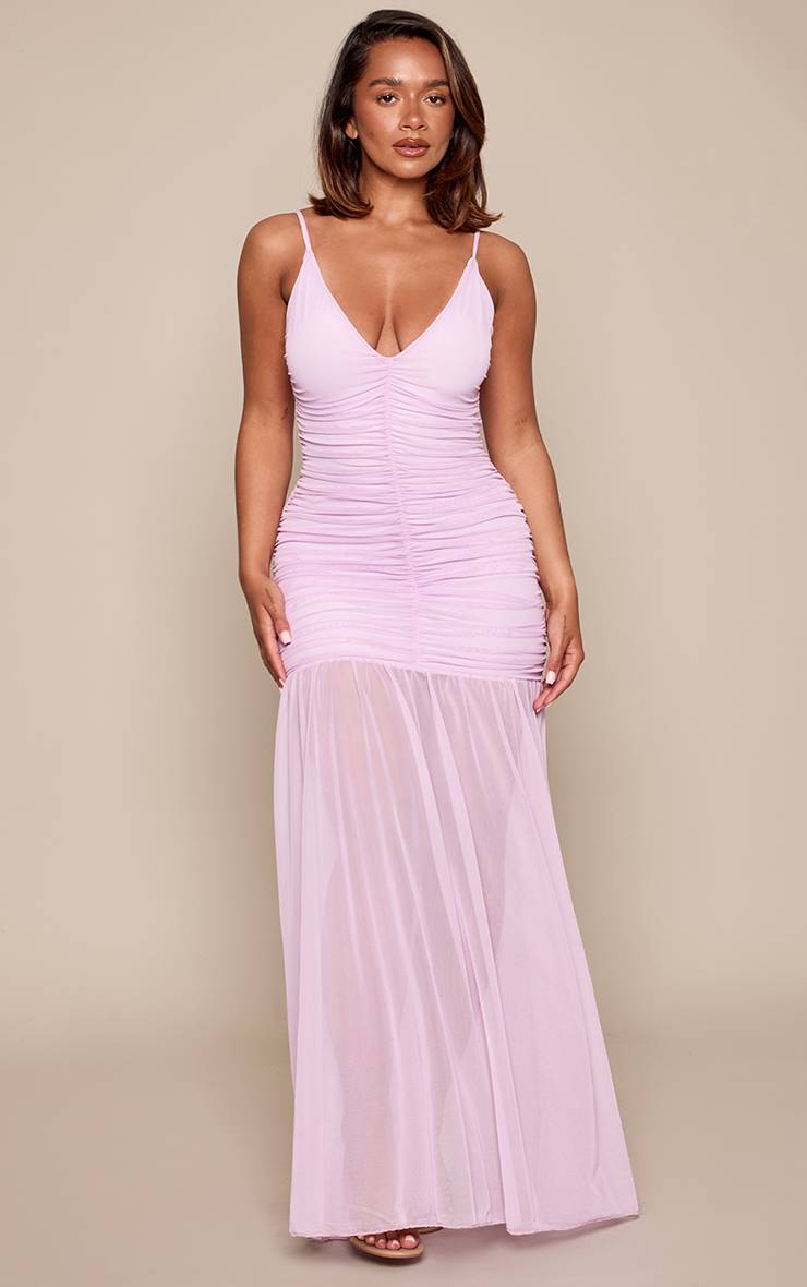 Lilas Robe Maxi Ajustée À Fronces Sur Le Devant Et Ourlet Asymétrique