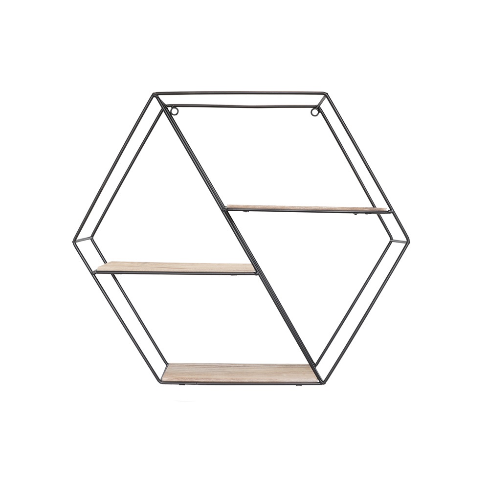 Etagère murale en métal noir 3 étagères en bois - diagonale hexagonale