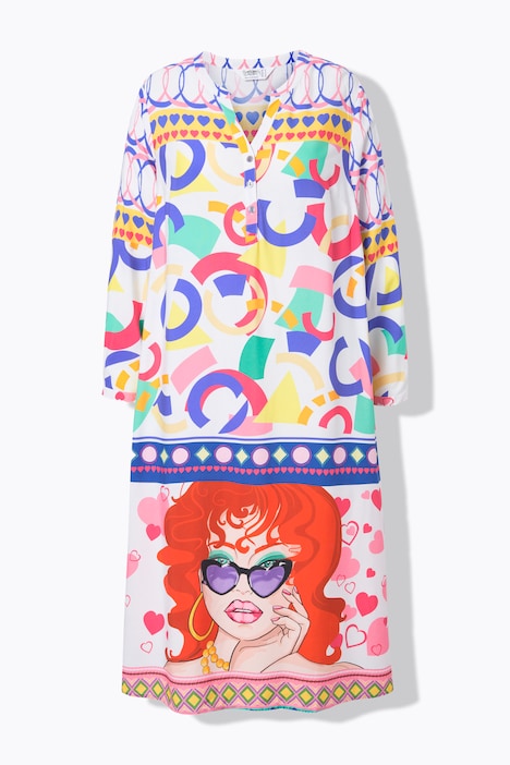 Kleid, Midilänge, Patch-Druck, Tunika-Ausschnitt, Langarm