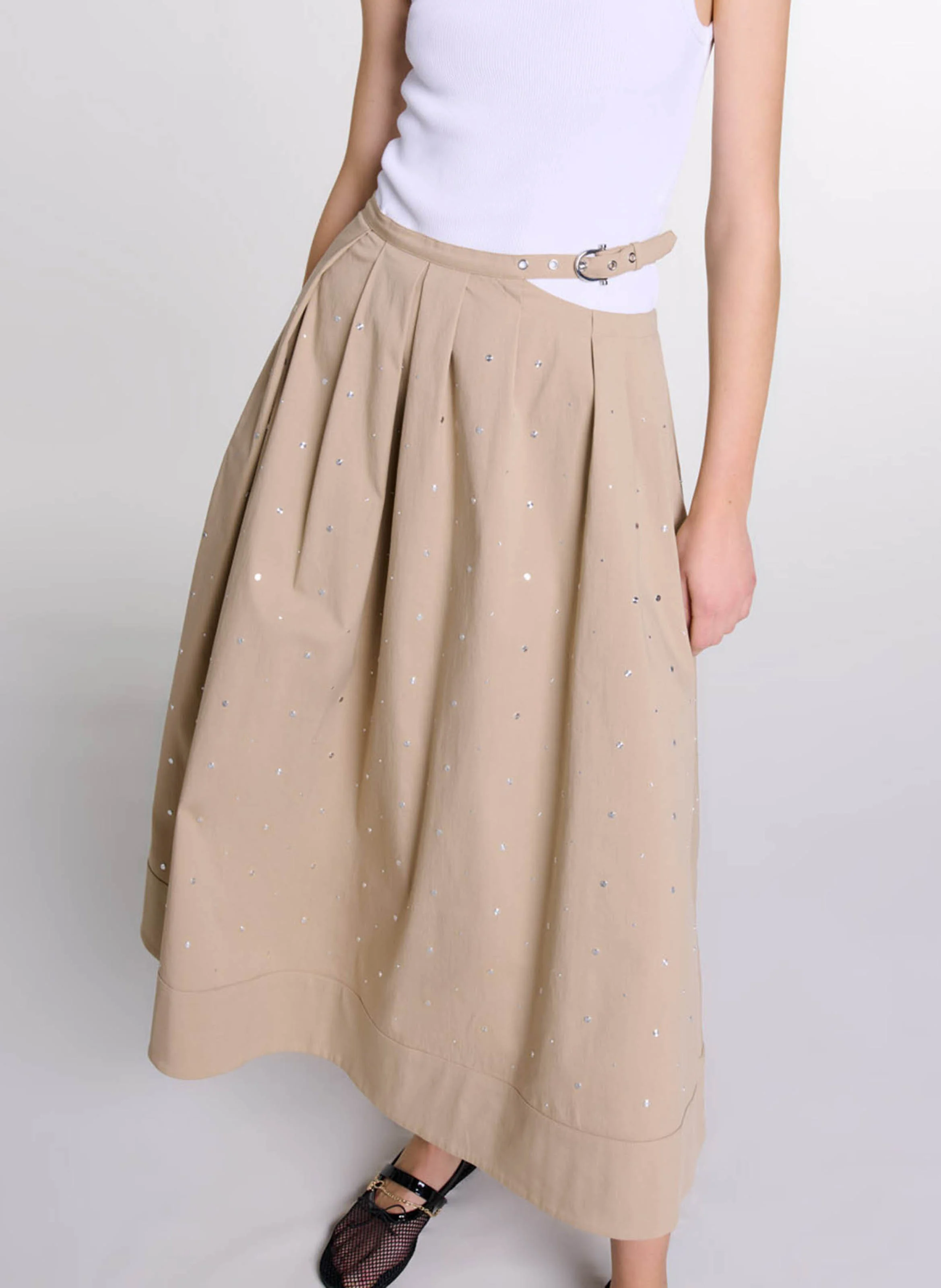 Jupe longue évasée en coton mélangé | Beige