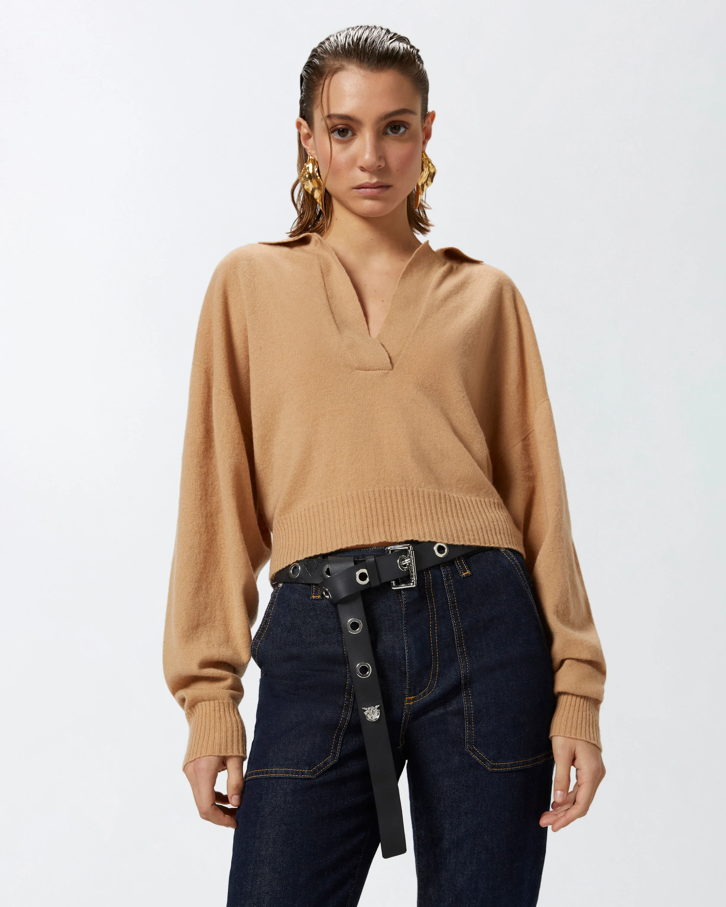 Pull court à col chemise | Beige
