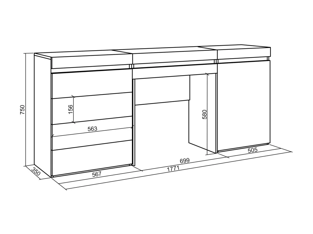 Coiffeuse, 177x35x75 cm, Avec tiroir, Commode, Buffet, Blanc