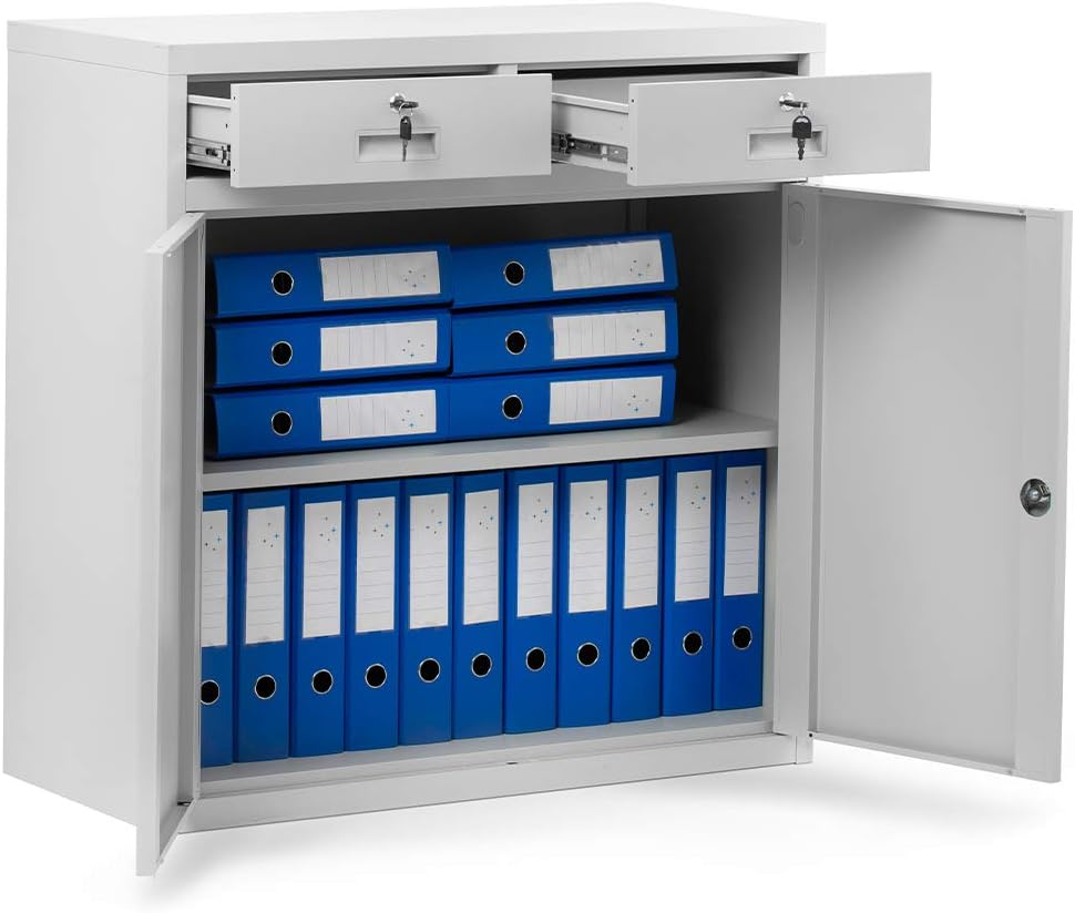 Kleiner Aktenschrank C17B Büroschrank mit 2 Schubladen Flügeltüren Metallschrank Pulverbeschichtet Metall Abschließbar 90 cm x 90 cm x 40 cm (Grau)