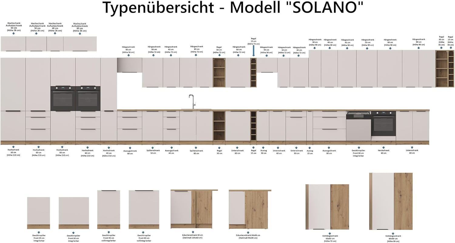 Kuechen-preisbombe Winkelküche Solano 290x350 cm Küchenzeile Eckküche Einbauküche Küche Kaschmir beige matt + Eiche Artisan matt