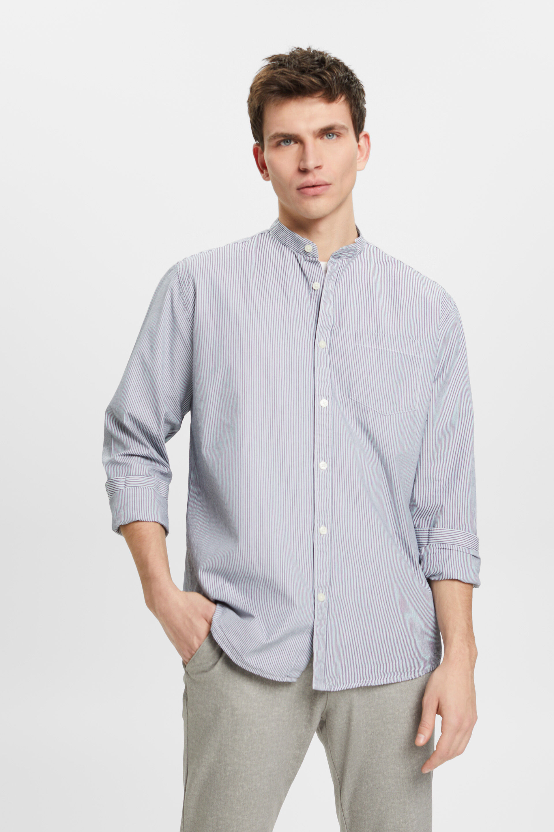Chemise en coton à rayures tennis et col Mao