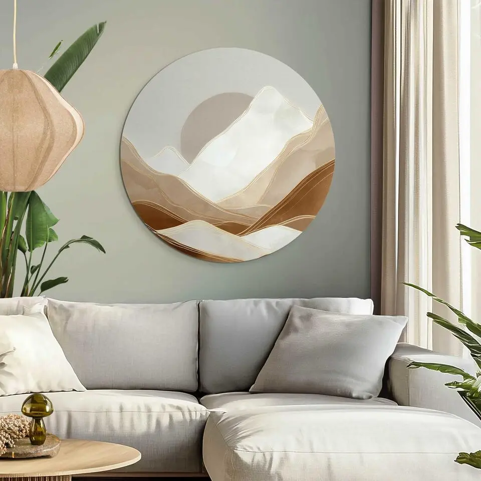 Glasschilderij Maan achter de bergen - Ø 70cm - Beige