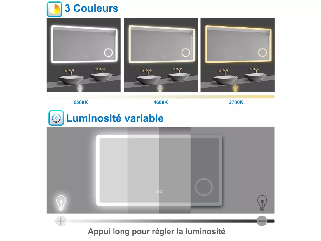 Aica Miroir de Salle de Bain LED avec Bluetooth 100 x 60cm, Miroir Lumineux avec 3 Couleurs + Anti-buée + grossissant 3x，Mural Miroir