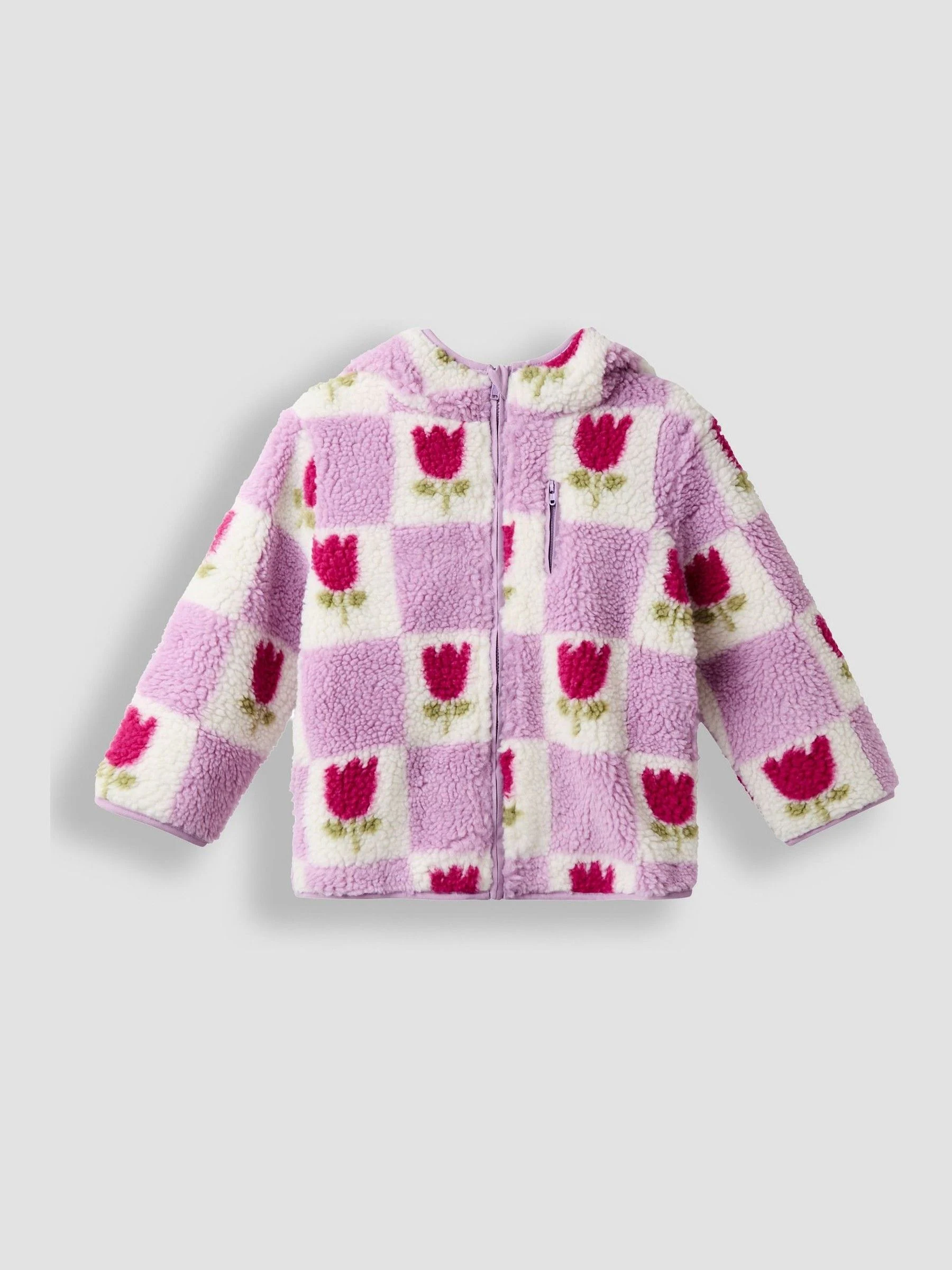 Paarse tulpen-dambord - JoJo Maman Bébé Fleecejack met capuchon