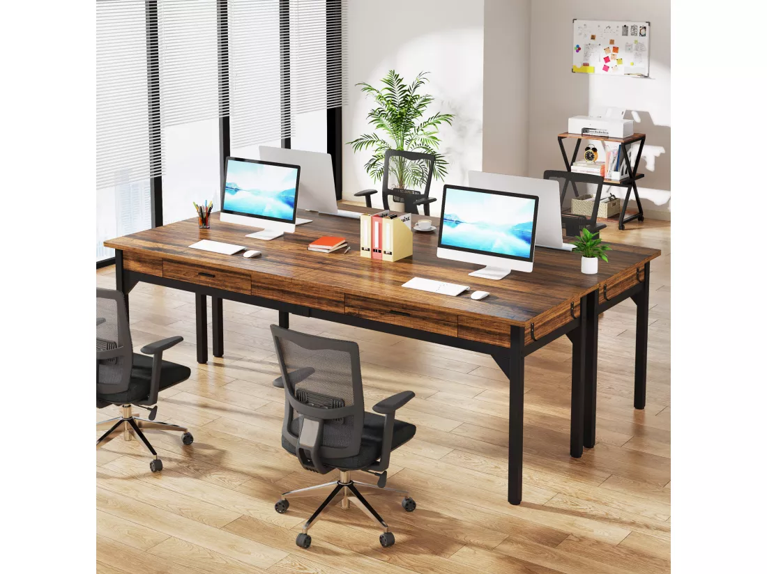 Bureau Informatique, Table d’étude, Double Bureau Long avec 2 Schubladen, 200 x 60 x 82 cm, Marron Rustique