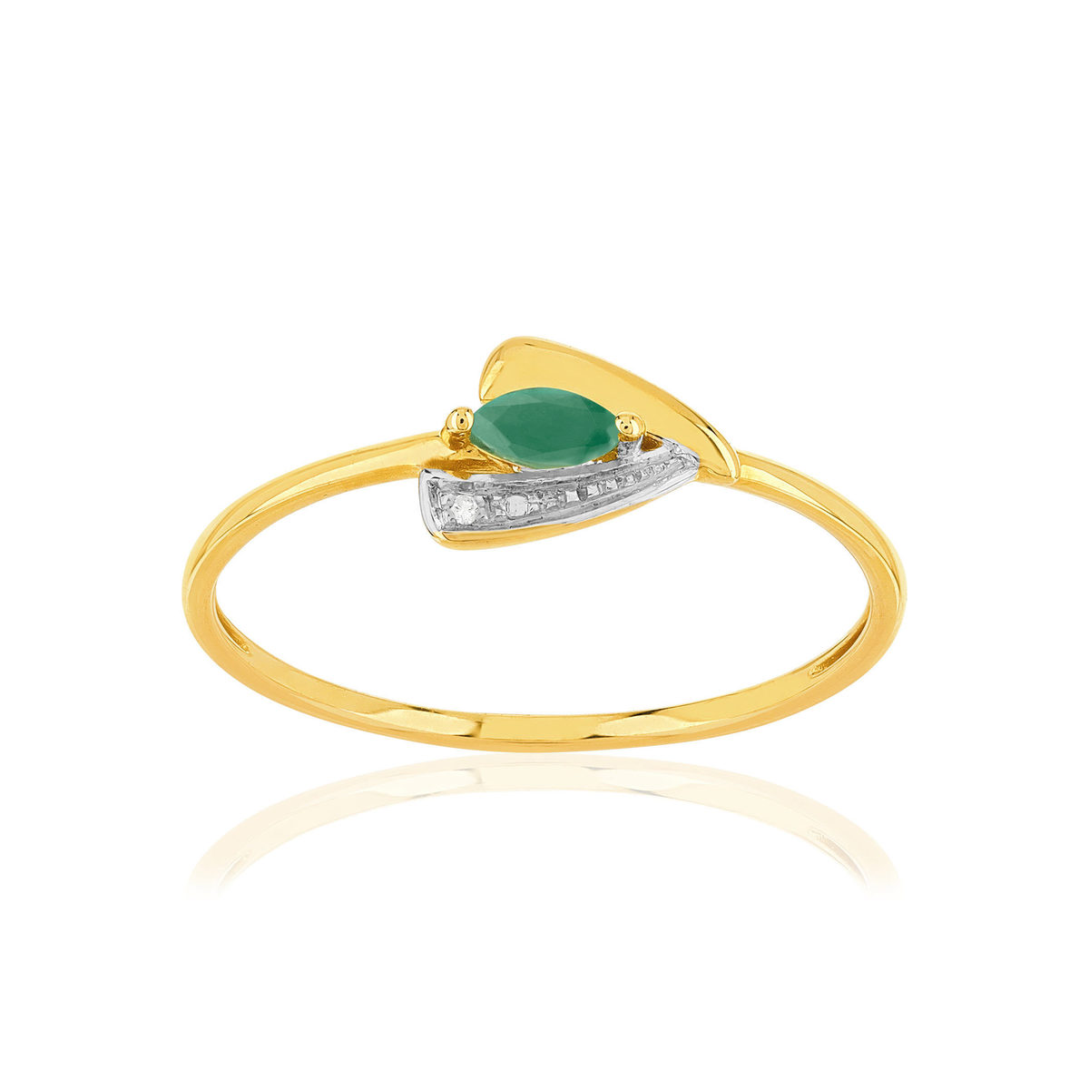 Bague or 375 jaune 2 tons émeraude et diamants
