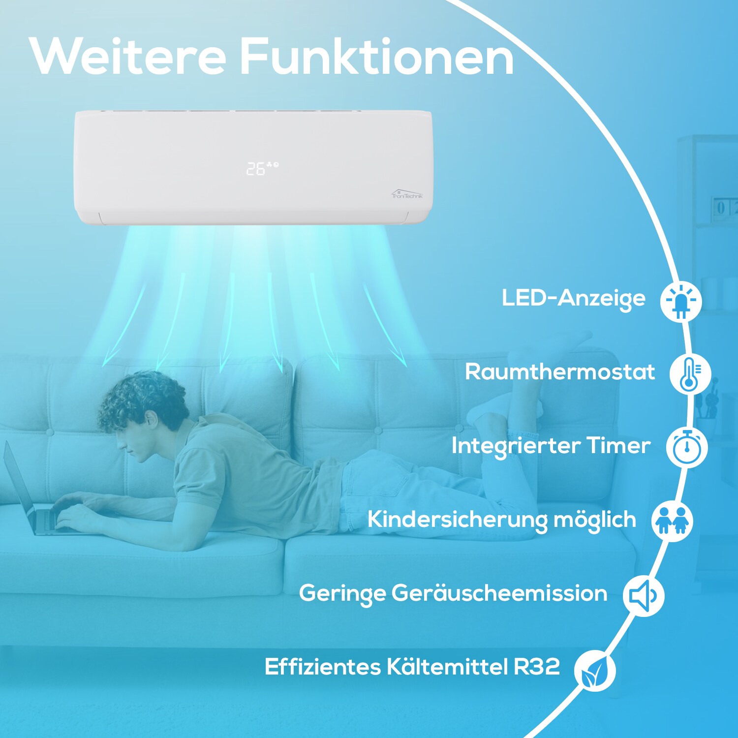 TroniTechnik® Split Klimaanlage Set DALVIK 2 mit WiFi/App Klimagerät - 9000 BTU,Fernbedienung,Timer,inkl. Kupferleitungen