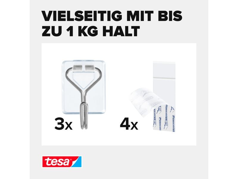 tesa Klebehaken Powerstrips Haken Small Transparent, 0.5 kg Selbstklebende Haken mit abnehmbarem Drahthaken – wiederverwendbar – Montage ohne Bohren