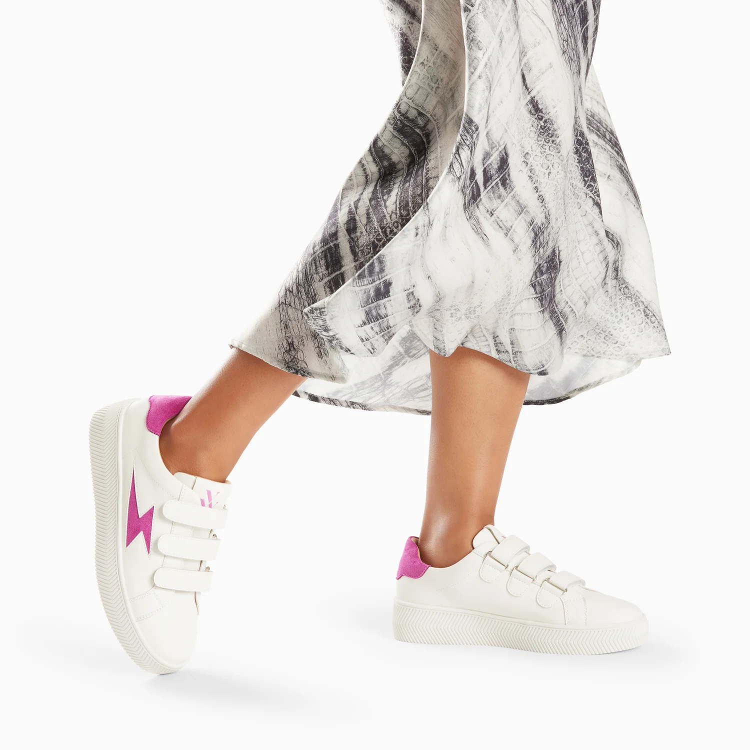 Sneakers-Baskets éclair Camelia blanc et magenta à scratchs