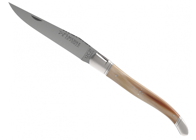 Couteau Laguiole avec un manche en pointe de corne blonde et 2 mitres en acier inoxydable