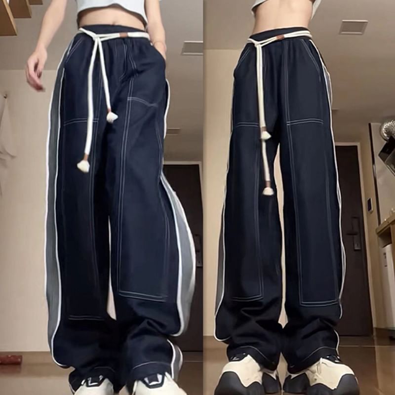 wingsira - High Rise Contrast Trim Wide Leg Jeans