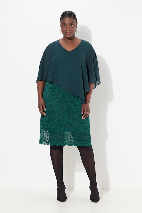 Abendkleid, Chiffon-Cape, Jersey, Spitzensaum, 3/4-Arm