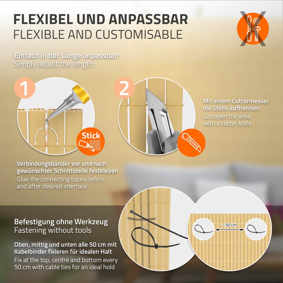 ECD Germany PVC-inkijkschermmat 160x500 cm, bamboe, inkijkscherm met 3-voudige wapening, UV-bestendig, waterdicht, windwerend, balkonbekleding, schuttingscherm, inkijkscherm voor tuin, balkon, terras