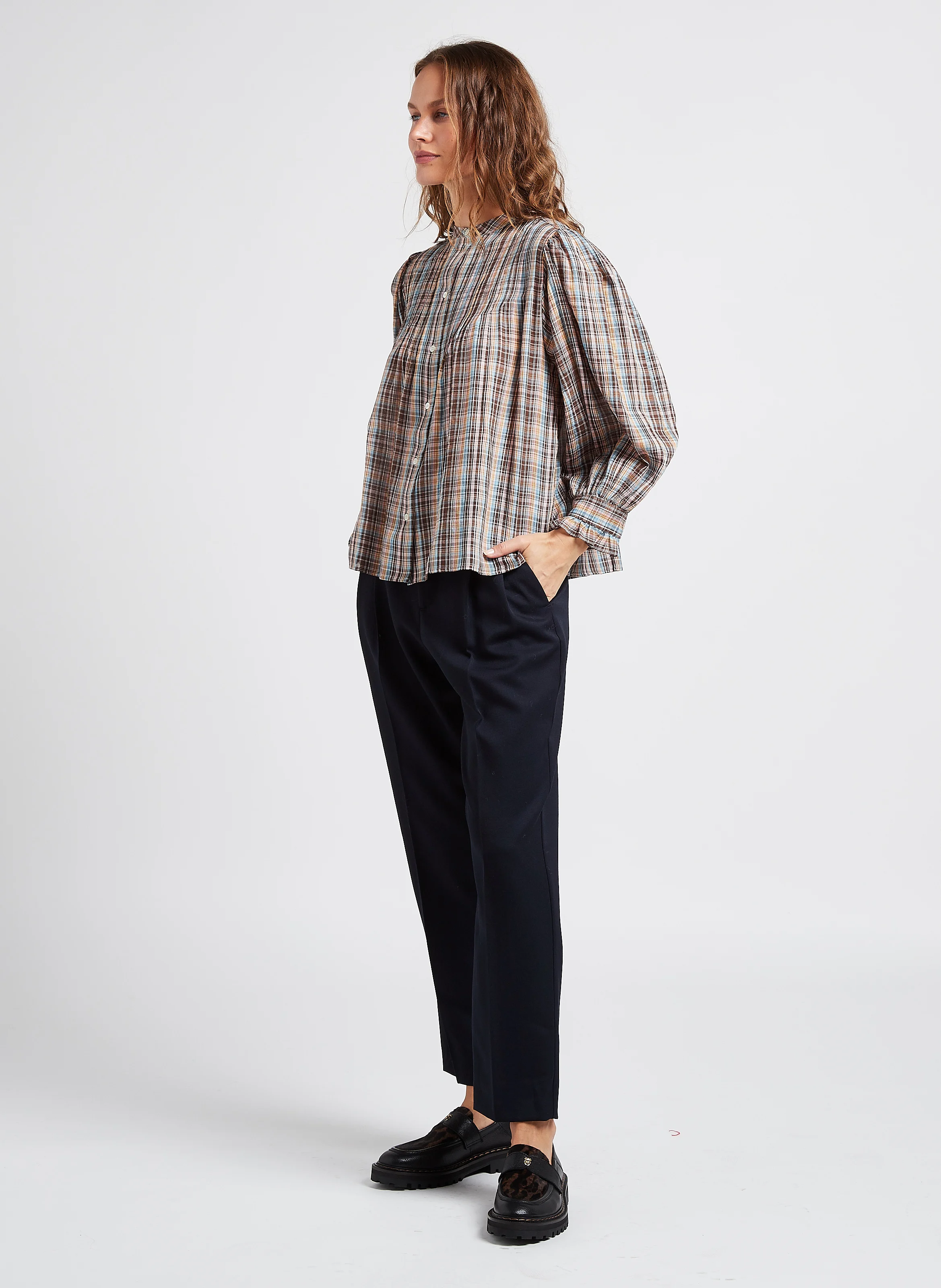ELBERT - Chemise droite col rond en coton imprimé | Marron