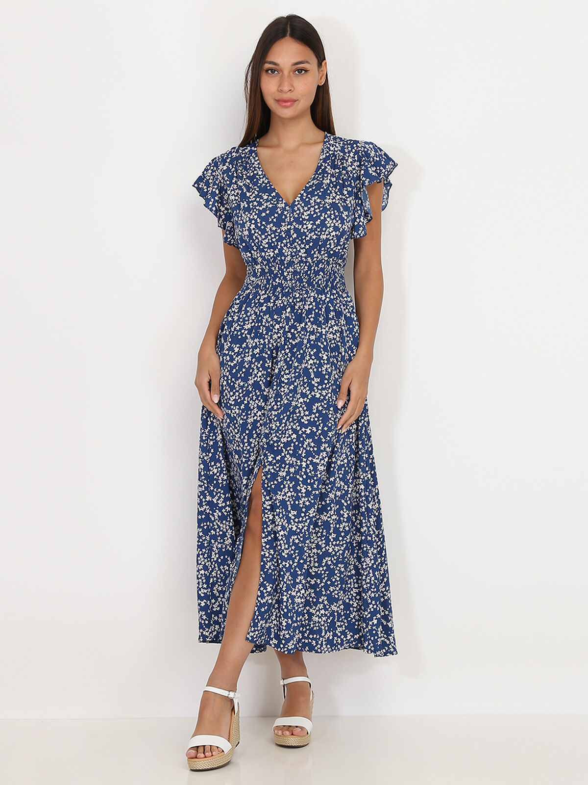 Robe évasée smockée à fleurs- Bleu