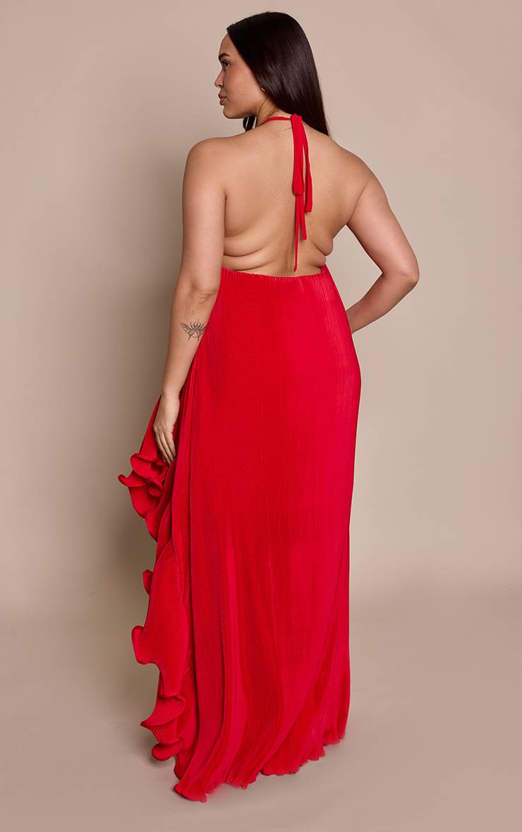 Rouge Robe Maxi Plissée Satinée Avec Détails À Volants Grande Taille