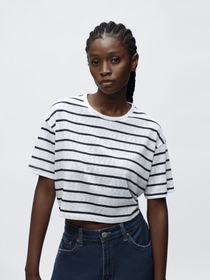 Camiseta cropped com efeito linho - Azul Médio