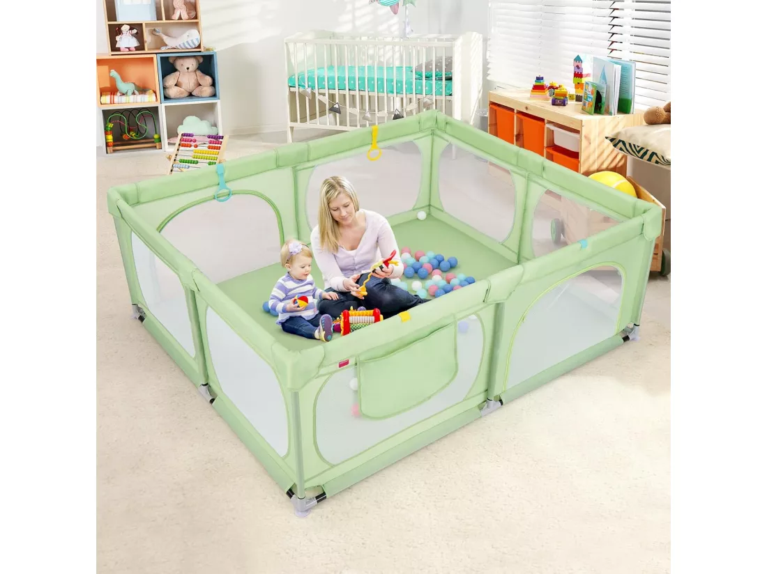 Grand Parc pour Bébé avec 50 Balles Océaniques, Clôture pour Tout-Petits avec 4 Anneaux à Main, Centre d'Activités pour Bébé avec Maille Respirante, 189 x 158 x 68 CM (Vert)