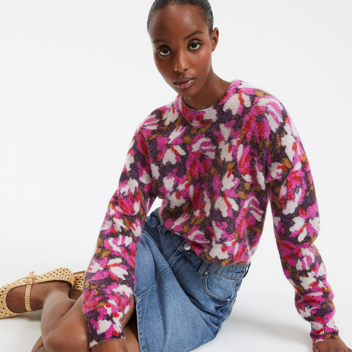 COLEÇÕES LA REDOUTE<br>Suéter com estampa floral e gola redonda em mistura de alpaca