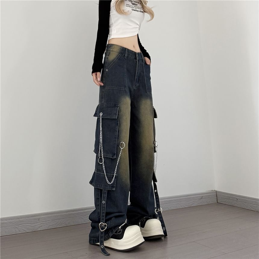 Kenning - Low Rise Washed Chained Wide Leg Cargo Jeans