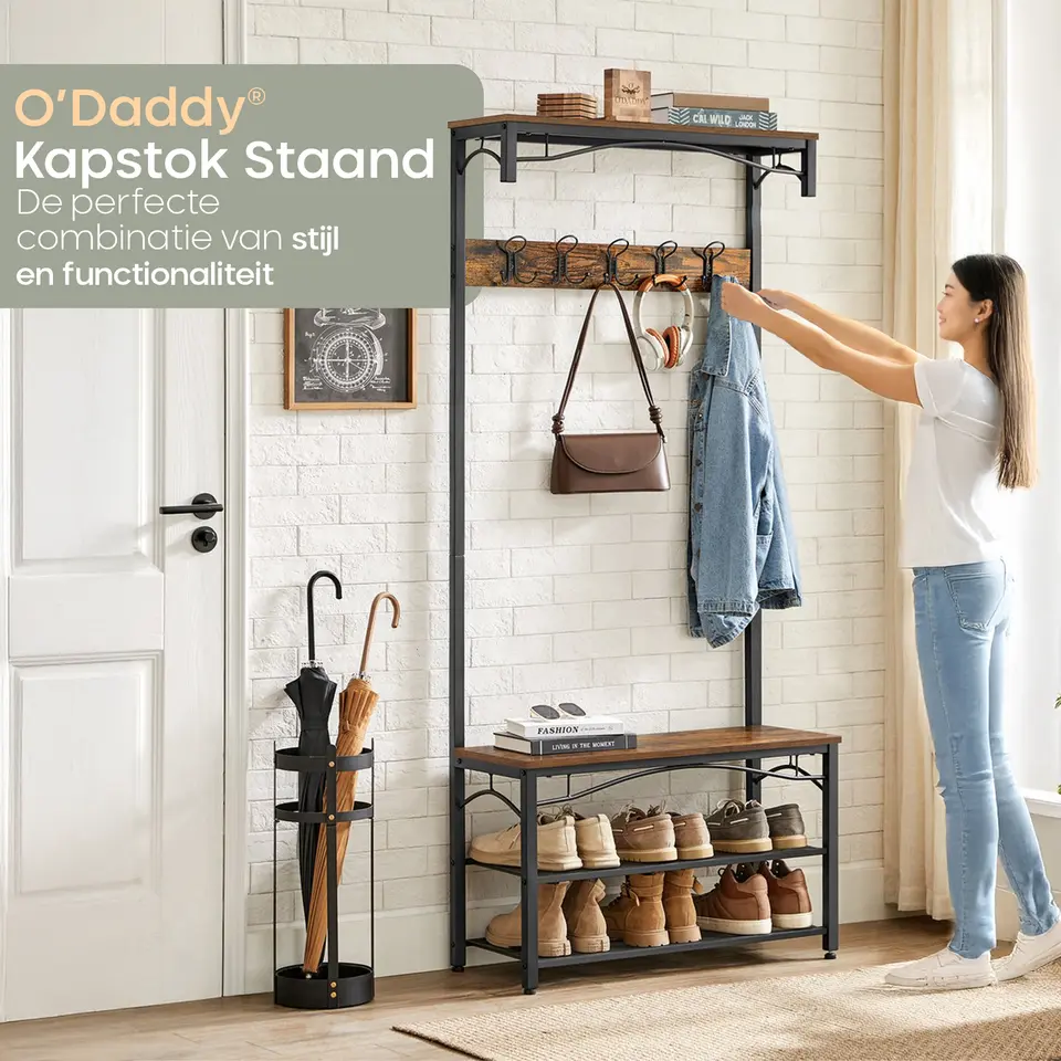 O’DADDY Kapstok met Schoenenrek – 15 Haken – 2-Laags – 80x32x178,5 cm