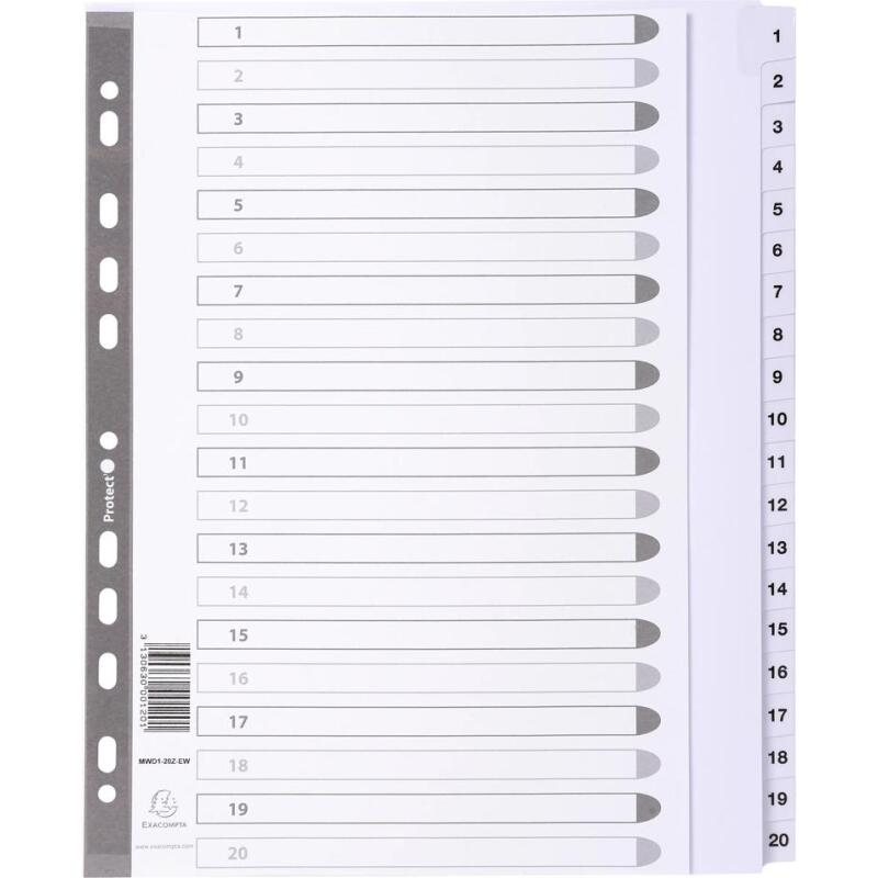 Intercalaires imprimés à touches plastifiées - 20 touches 1 à 20 - A4 maxi - Blanc