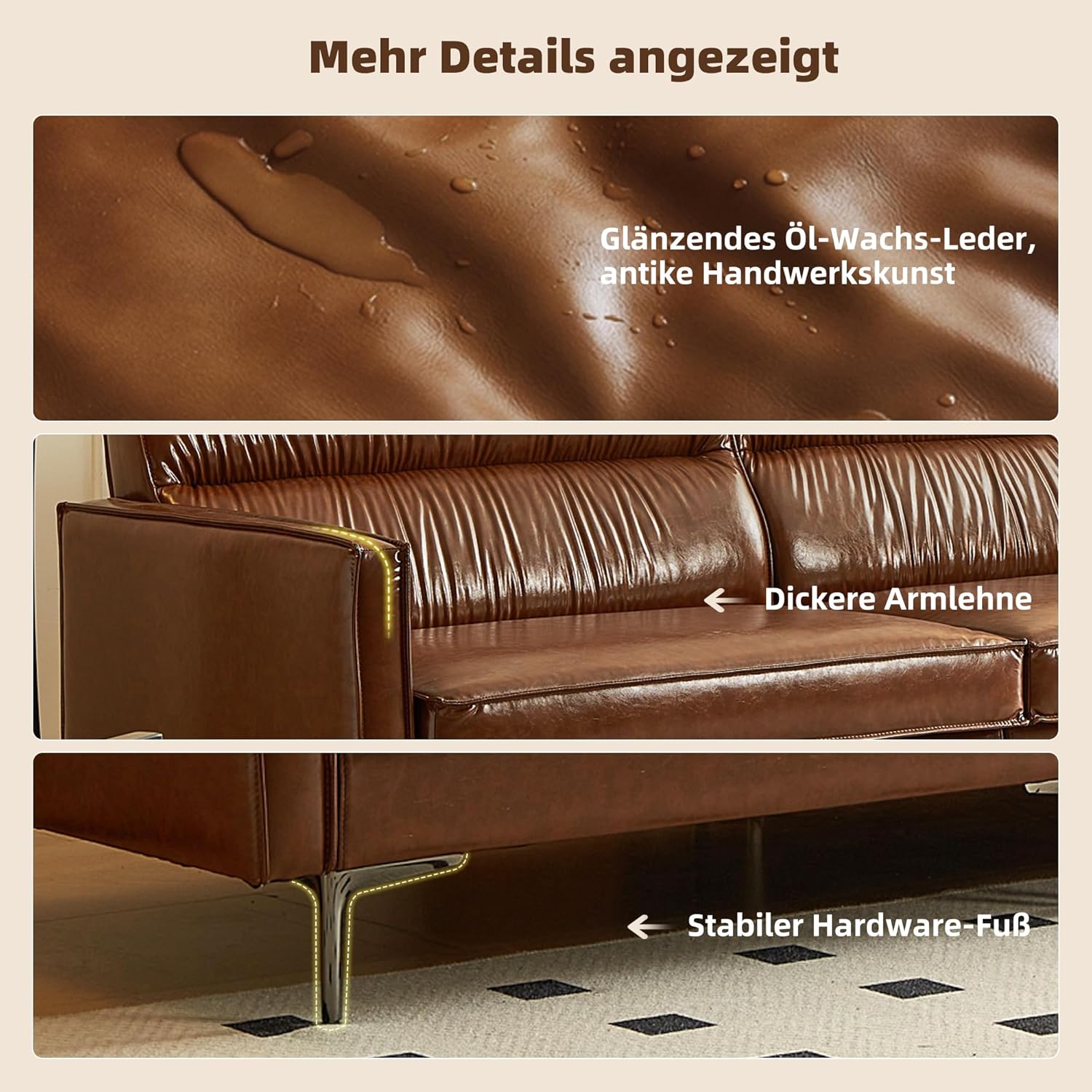3-Sitzer Sofa in Vintage Lederoptik – Kompaktes Kunstleder Sofa mit Knopfheftung, Metallfüßen & Geraden Armlehnen, Braun – Retro Couch für Wohnzimmer, Büro oder kleine Wohnung (glatte Variante)
