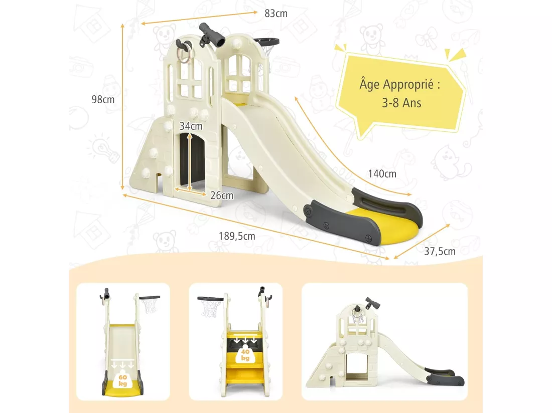Toboggan 6 en 1 pour Enfant - Glisse de 140 CM - avec Panier de Basket, Escalade, Lancer d'Anneaux et Télescope,Toboggan Intérieure,Aire de Jeux Extérieure 3-8 Ans, Jaune
